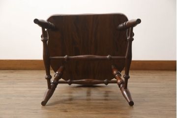 中古　美品　九州民芸家具　挽き物加工の凝ったデザインが魅力的なアームチェア(ダイニングチェア、板座チェア、椅子、イス、ワークチェア)(R-066570)