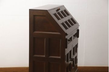 中古　松本民芸家具　希少モデル　格子模様が特徴的なK型ライティングビューロー(ワークデスク、在宅ワーク用、在宅用、簿記机、収納棚、戸棚)(R-066583)
