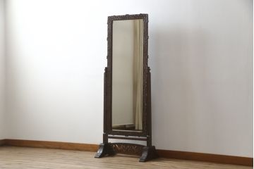 中古　軽井沢彫り　繊細な桜の彫刻が美しい姿見(スタンドミラー、鏡)(R-066625)