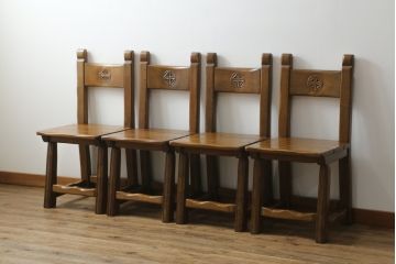 中古　IDC大塚家具　オランダ高級輸入家具　オーク材　木の温もり溢れる色合いが魅力のダイニングチェア4脚セット(椅子、イス、板座チェア)(定価4脚で約30万円)(R-066657)