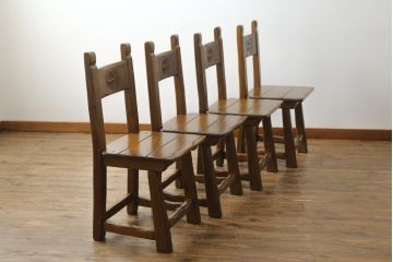 中古　IDC大塚家具　オランダ高級輸入家具　オーク材　木の温もり溢れる色合いが魅力のダイニングチェア4脚セット(椅子、イス、板座チェア)(定価4脚で約30万円)(R-066657)