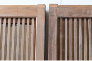 アンティーク建具　腰板欅(ケヤキ)材　和の空間を演出する裏障子付き格子戸2枚セット(引き戸、障子戸、ガラス帯戸)(R-066728)