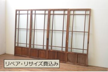 アンティーク建具　大正ロマンの雰囲気漂う両面面取り加工の幅狭ガラス戸4枚セット(引き戸)(R-066735)