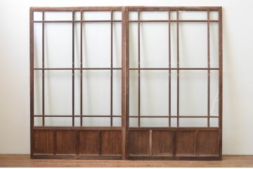 アンティーク建具　レトロな雰囲気が魅力の幅広ガラス戸2枚セット(引き戸)(R-066752)
