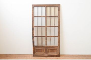 アンティーク建具　腰板欅(ケヤキ)材　和の雰囲気が魅力的な格子入りの玄関戸1枚(引き戸、格子戸、ガラス戸)(R-066757)