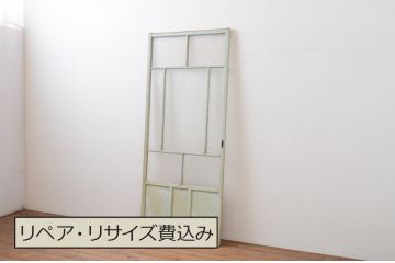 アンティーク建具　ペイント仕上げ限定　銀モールガラス入り　大正ロマンの雰囲気漂う背の高いペイントガラス戸1枚(引き戸)(R-066779)