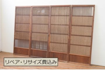 アンティーク建具　和の趣溢れる裏障子付きの幅狭格子戸4枚セット(障子戸、引き戸)(R-066790)