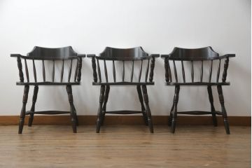 中古　美品!!　北海道民芸家具　HM630　格好良い佇まいが魅力のキャプテンチェア3脚セット(肘掛け椅子、アームチェア、イス、板座チェア、ダイニングチェア)(R-066825)