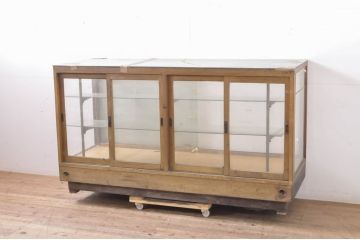 和製ビンテージ　ナラ(楢)材　シンプルでレトロなデザインが取り入れやすい木枠のガラスケース(Gケース、カウンターショーケース、ディスプレイケース、コレクションケース、キャビネット、飾り棚、陳列棚、店舗什器、ヴィンテージ)(R-066828)