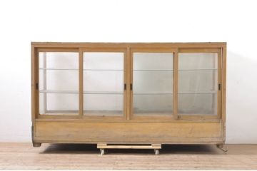和製ビンテージ　ナラ(楢)材　シンプルなデザインが取り入れやすい木枠のガラスケース(Gケース、カウンターショーケース、ディスプレイケース、コレクションケース、キャビネット、飾り棚、陳列棚、店舗什器、ヴィンテージ)(R-066829)