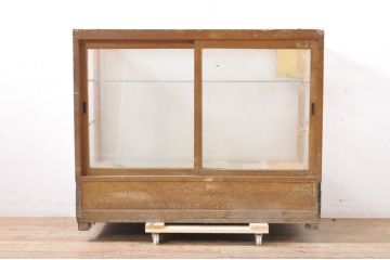 和製ビンテージ　昭和レトロ　ナラ(楢)材　素朴で温かみのある木枠のガラスケース(Gケース、カウンターショーケース、コレクションケース、キャビネット、飾り棚、陳列棚、店舗什器、ヴィンテージ)(R-066830)