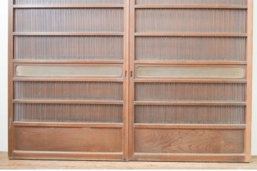 アンティーク建具　特注!!　上手物!!　モダンデザイン　真鍮(しんちゅう)鋲の高級格子戸2枚セット(引き戸、ガラス帯戸)(R-066851)