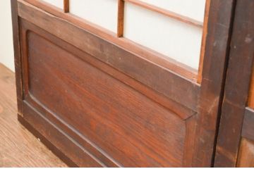 アンティーク建具　腰板欅(ケヤキ)材　経年による風合いが魅力的な裏障子付き幅狭格子戸4枚セット(引き戸、ガラス帯戸)(R-066853)