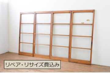 アンティーク建具　昭和レトロ　モールガラス入り　シンプルなデザインのレトロガラス戸4枚セット(引き戸)(R-066857)