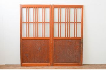 アンティーク建具　和の空間作りにお勧めな格子入りガラス戸2枚セット(引き戸、格子戸)(R-066861)