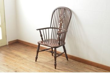 中古　松本民芸家具　#44A型　シックな色合いとクラシカルな佇まいが魅力のウィンザーチェア(ウインザーチェア、アームチェア、板座チェア、ダイニングチェア、椅子、イス)(定価約20万円)(R-066898)