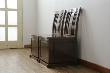 中古　鉄刀木(タガヤサン)　美しい杢目が目を惹く収納付き板座チェア2脚セット(ダイニングチェア、椅子、イス)(R-066911)