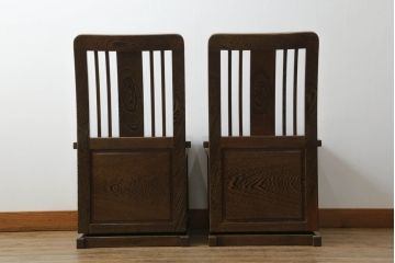 中古　鉄刀木(タガヤサン)　美しい杢目が目を惹く収納付き板座チェア2脚セット(ダイニングチェア、椅子、イス)(R-066911)