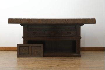 中古　鉄刀木(タガヤサン)　2wayでフレキシブルに使える!!美しい杢目が目を惹く囲炉裏テーブル(木製火鉢、関西火鉢、長火鉢、ダイニングテーブル、6人掛け、食卓、座卓、センターテーブル、ローテーブル)(R-066912)
