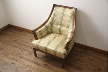 中古　マルニ木工(MARUNI)　地中海シリーズ　サランテ　クラシカルなデザインのファブリックが目を引く1人掛けソファ&オットマンのセット(アームソファ、一人掛け、1P、パーソナルチェア、ラウンジチェア、フットスツール)(定価約17万円)(R-067008)