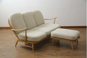 イギリスビンテージ　希少!　ERCOL(アーコール)　くつろぎの空間を演出する3人掛けソファとオットマンのセット(三人掛けソファ、3P、アームソファ、トリプルソファ、フットスツール、ヴィンテージ、英国、北欧)(R-067129)