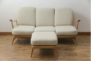 イギリスビンテージ　希少!　ERCOL(アーコール)　くつろぎの空間を演出する3人掛けソファとオットマンのセット(三人掛けソファ、3P、アームソファ、トリプルソファ、フットスツール、ヴィンテージ、英国、北欧)(R-067129)