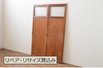 アンティーク建具　杉材一枚板　美しい杢目が魅力の幅狭引き戸2枚セット(板戸、ガラス戸)(R‐067181)