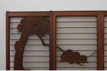 アンティーク建具　のどかな野の様子を表現したガラス入り書院戸4枚セット(窓、引き戸、ガラス戸)(R-067183)