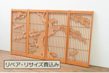 アンティーク建具　松と鶴の彫刻入りの書院障子戸4枚セット(引き戸、書院戸、窓)(R-067203)