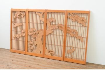 アンティーク建具　松と鶴の彫刻入りの書院障子戸4枚セット(引き戸、書院戸、窓)(R-067203)