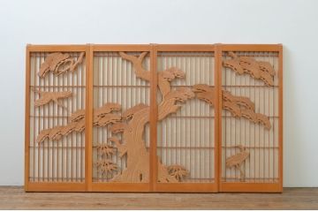 アンティーク建具　松と鶴の彫刻入りの書院障子戸4枚セット(引き戸、書院戸、窓)(R-067203)