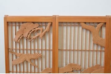 アンティーク建具　松と鶴の彫刻入りの書院障子戸4枚セット(引き戸、書院戸、窓)(R-067203)