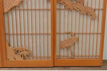 アンティーク建具　松と鶴の彫刻入りの書院障子戸4枚セット(引き戸、書院戸、窓)(R-067203)