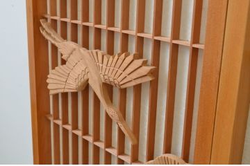 アンティーク建具　松と鶴の彫刻入りの書院障子戸4枚セット(引き戸、書院戸、窓)(R-067203)