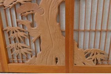 アンティーク建具　松と鶴の彫刻入りの書院障子戸4枚セット(引き戸、書院戸、窓)(R-067203)