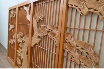 アンティーク建具　松と鶴の彫刻入りの書院障子戸4枚セット(引き戸、書院戸、窓)(R-067203)
