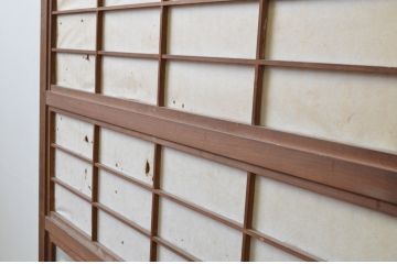 アンティーク建具　裏障子付き　和の空間を演出する格子戸1枚(引き戸、障子戸、ガラス帯戸)(R-067217)