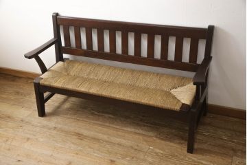 中古　稀少　特注品　松本民芸家具　縦桟背もたれのすっきりしたデザインが目を引くラッシベンチ(2人掛け、2.5人掛け、3人掛け、長イス、長椅子、アームチェア、ダイニングチェア)(R-067241)