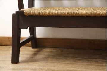 中古　稀少　特注品　松本民芸家具　縦桟背もたれのすっきりしたデザインが目を引くラッシベンチ(2人掛け、2.5人掛け、3人掛け、長イス、長椅子、アームチェア、ダイニングチェア)(R-067241)