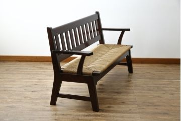 中古　稀少　特注品　松本民芸家具　縦桟背もたれのすっきりしたデザインが目を引くラッシベンチ(2人掛け、2.5人掛け、3人掛け、長イス、長椅子、アームチェア、ダイニングチェア)(R-067241)