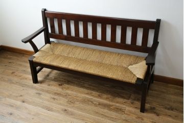 中古　稀少　特注品　松本民芸家具　縦桟背もたれのすっきりしたデザインが目を引くラッシベンチ(2人掛け、2.5人掛け、3人掛け、長イス、長椅子、アームチェア、ダイニングチェア)(R-067241)