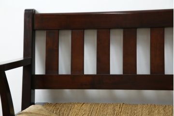 中古　稀少　特注品　松本民芸家具　縦桟背もたれのすっきりしたデザインが目を引くラッシベンチ(2人掛け、2.5人掛け、3人掛け、長イス、長椅子、アームチェア、ダイニングチェア)(R-067241)