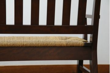 中古　稀少　特注品　松本民芸家具　縦桟背もたれのすっきりしたデザインが目を引くラッシベンチ(2人掛け、2.5人掛け、3人掛け、長イス、長椅子、アームチェア、ダイニングチェア)(R-067241)