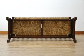 中古　稀少　特注品　松本民芸家具　縦桟背もたれのすっきりしたデザインが目を引くラッシベンチ(2人掛け、2.5人掛け、3人掛け、長イス、長椅子、アームチェア、ダイニングチェア)(R-067241)