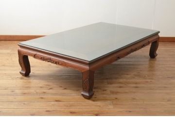中古　美品　京指物　西村作　花梨(カリン)材　漆塗り　深みのある色合いが魅力の彫刻入り座卓(ローテーブル、センターテーブル)(R-067245)