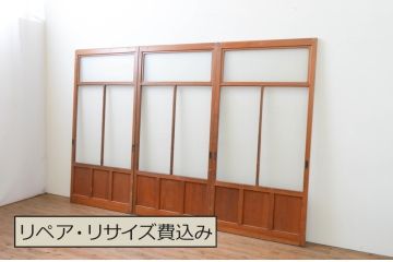 アンティーク建具　レトロな雰囲気漂うモールガラス入りのガラス戸3枚セット(引き戸)(R-067345)