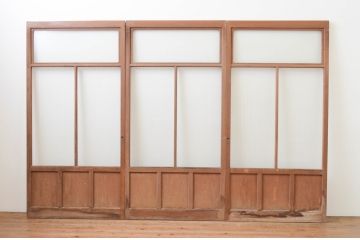 アンティーク建具　レトロな雰囲気漂うモールガラス入りのガラス戸3枚セット(引き戸)(R-067345)