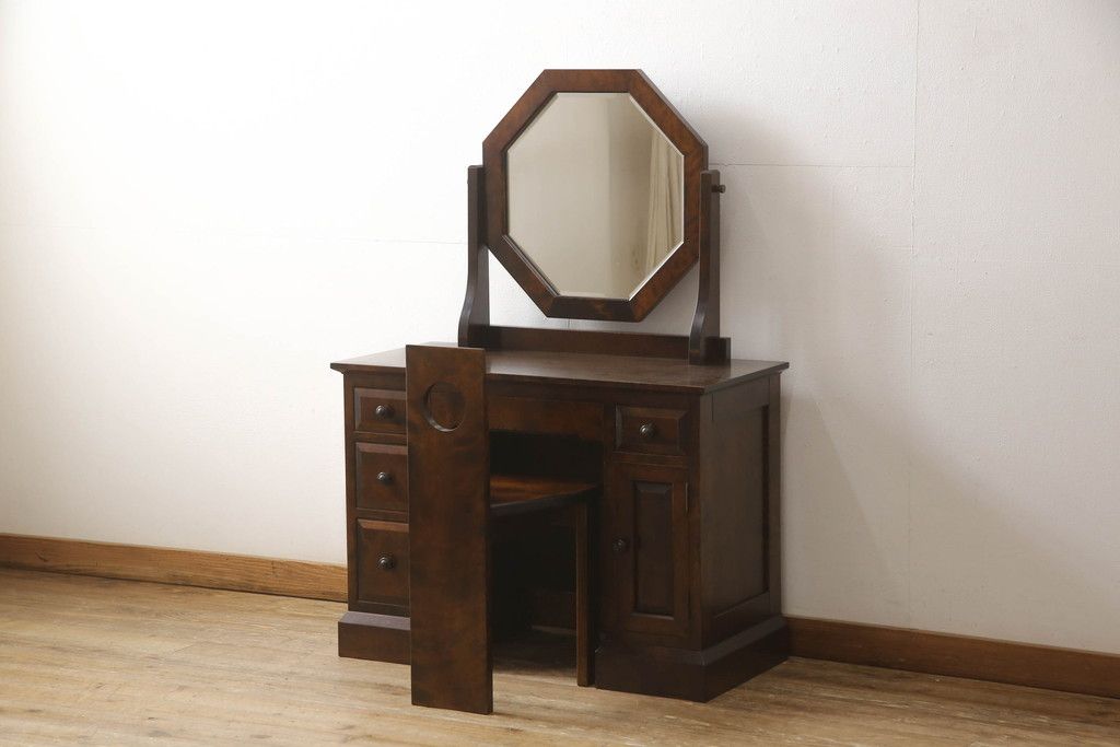 中古 美品 星野民芸家具 クラシカルかつモダンなデザインが魅力のドレッサーとチェアのセット(鏡台、ミラー、化粧台、イス、椅子)(R-067449)