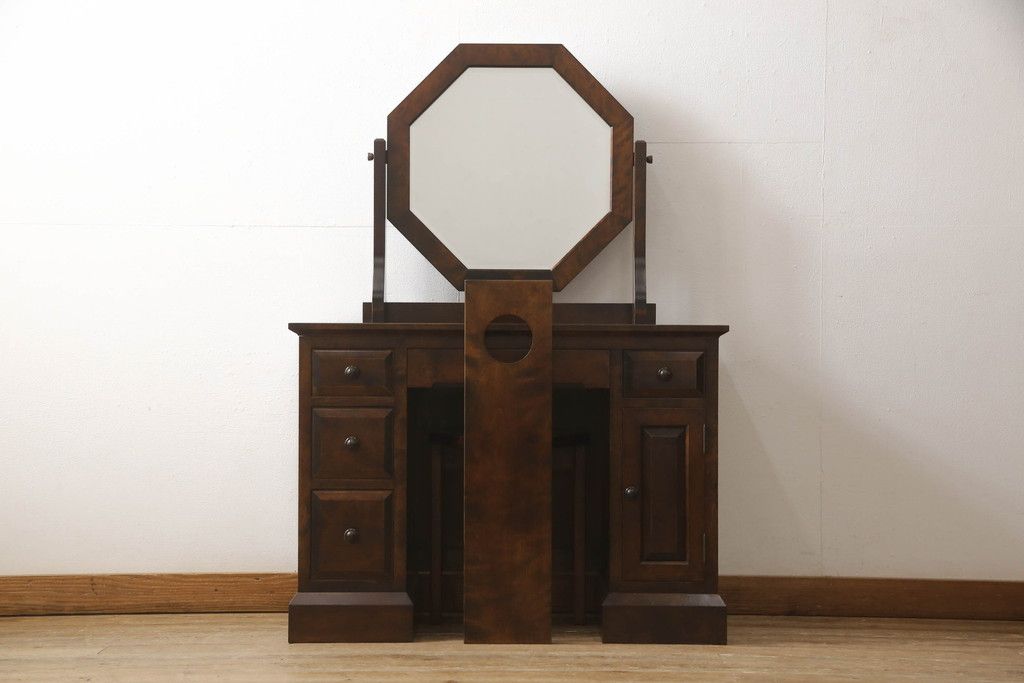中古 美品 星野民芸家具 クラシカルかつモダンなデザインが魅力のドレッサーとチェアのセット(鏡台、ミラー、化粧台、イス、椅子)(R-067449)