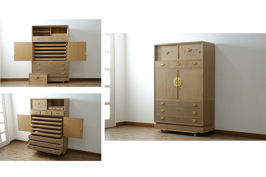 中古　蒔絵入り　1級技能士　龍上忠志作　花の絵柄がかわいらしくも品を感じさせる総桐箪笥(胴厚、四方丸、和箪笥、桐たんす、収納タンス、衣装箪笥、着物箪笥、引き出し)(定価約160万円)(R-067461)